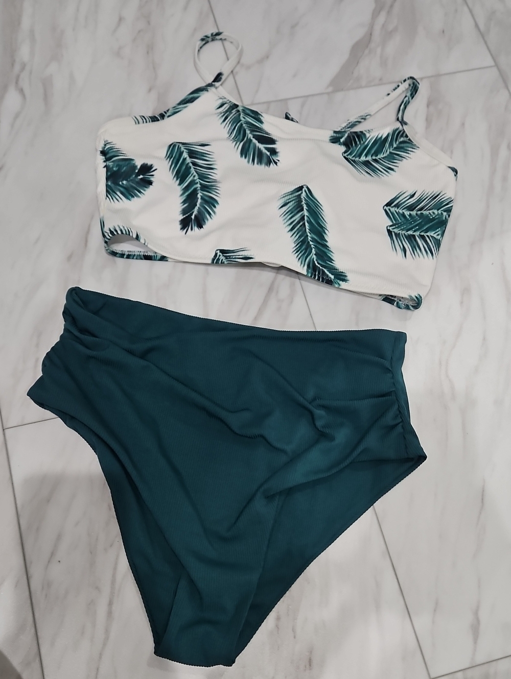 Leaf-Print Crop Bikini Top with Teal High-Waist Bottom